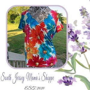 Rafaella Size L Short Sleeve Blue Orange  Red Pink Floral Blouse (C105)